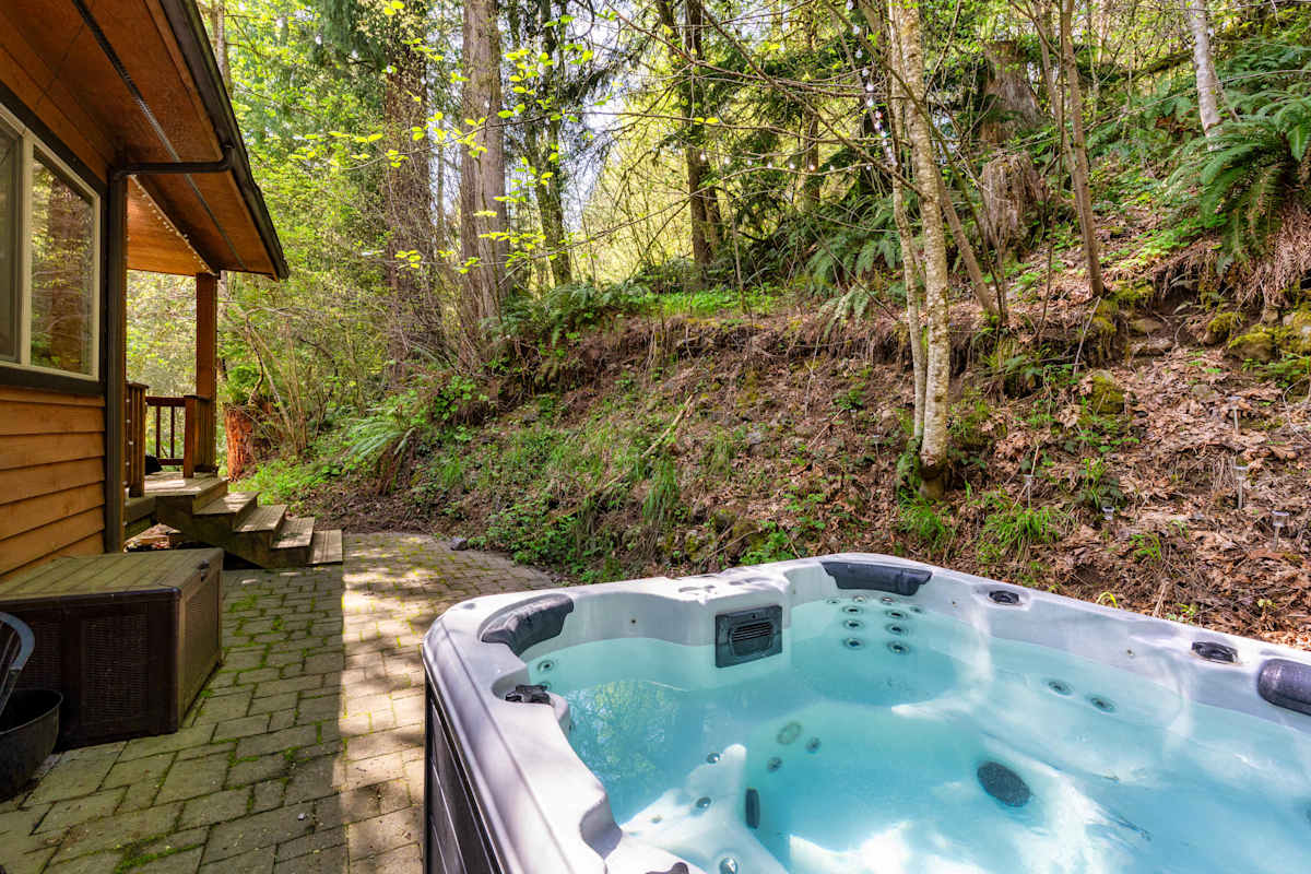 Six can soak: the hot tub sits under the firs beside the cabin.